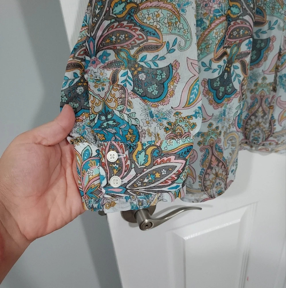 LOFT Plus Multicolored Paisley Print Long Sleeve Tie Neck Blouse in Size 22 - Picture 6 of 13